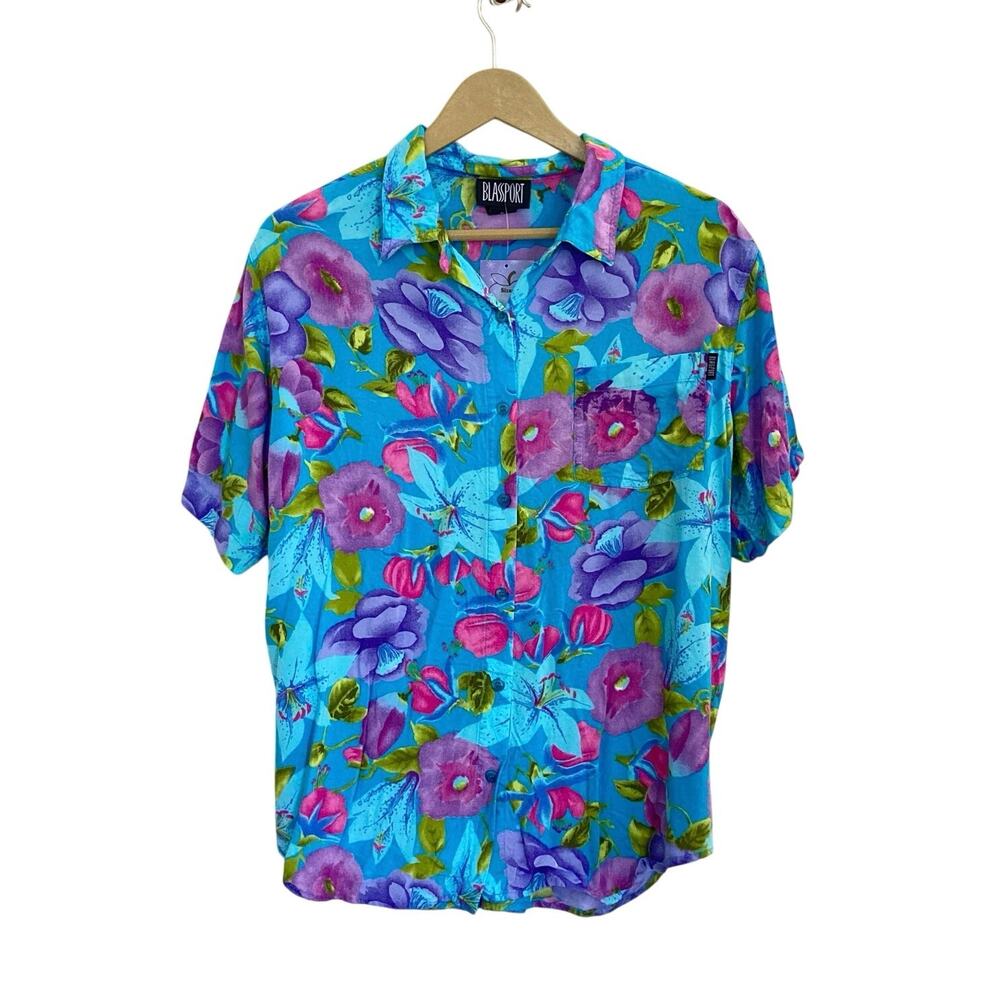 Vintage 1990s Blassport Bright Blue and Purple Tropical Shirt
